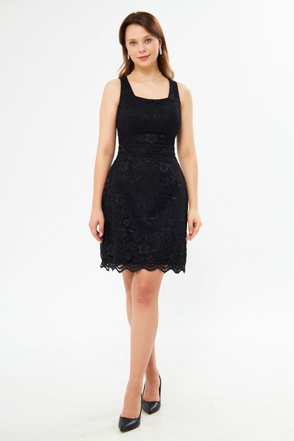 Rochie de seară mini din dantelă franceză neagră cu bretele late