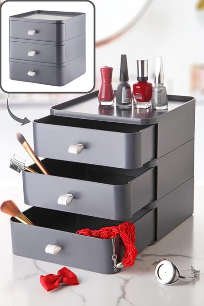 Gray 3 Tiers Drawer Table Top Organizer Makeup Jewelry Box Accessory Organizer Collector