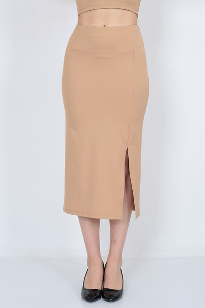 Women's Mustard Slit Detailed Ribbed Long Midi Length Tight Pencil Skirt 4mevsim