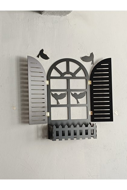 Siyah Kuşlu Panjur Pencere Temalı Çiçeklik Ahşap Mdf Lazer Kesim 3mm Duvar Süsü