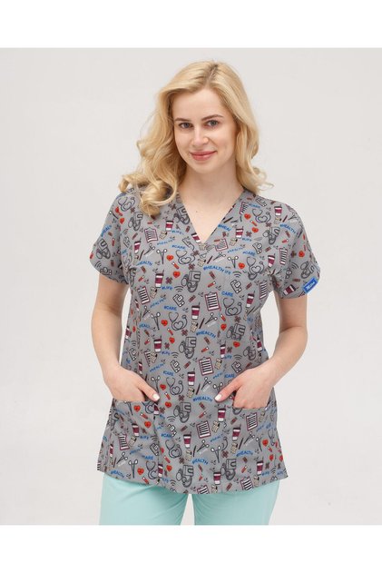Women's Lycra Bat Sleeve Nurse Doctor Scissors Patterned Gray Single Top Jersey