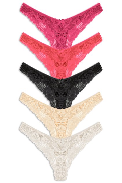 Set 5 chiloți tanga din dantelă, talie înaltă, croială braziliană, pentru femei