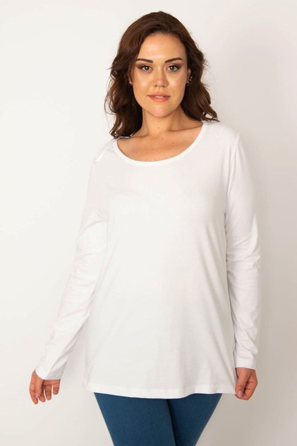 Women's Plus Size White Cotton Fabric Crew Neck Blouse 65n34238