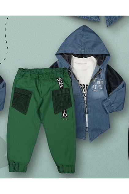 3-Piece Set with Mesh Pocket Gabardine Trousers and Hooded Jeans Shirt - 1-4 Years - Green