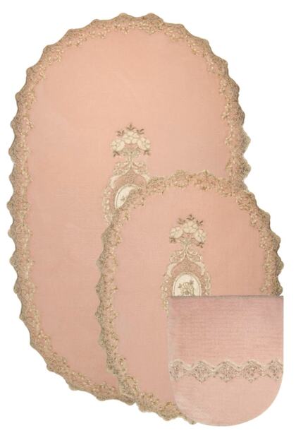 Powder Lisa 3-Piece Dowry French Lace Appliqued Toilet Seat Set Bathroom Carpet Mat Set