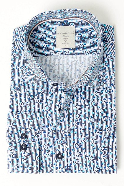 %100 Pamuk Turkuaz Baskılı Slim Fit Uzun Kol Gömlek