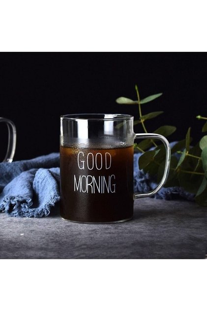 2 Adet Cam Kupa Kulplu Bardak Büyük Boy Good Morning Borosilikat Isıya Dayanıklı Cam Kupa 420 ml