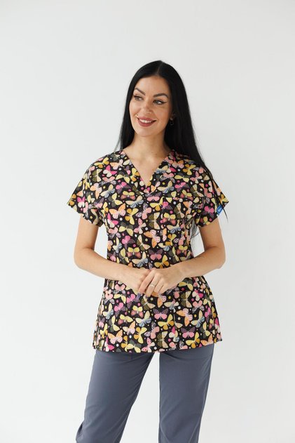 Women's Lycra Bat Sleeve Nurse Doctor White Butterfly Patterned Single Top Jersey