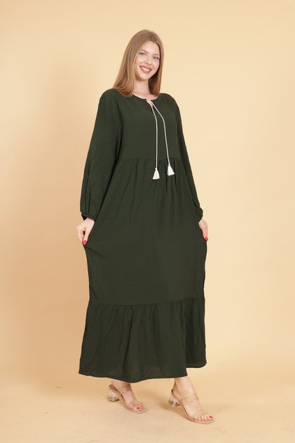 Women's Dark Green Plus Size Drop Collar Long Sleeve Dress