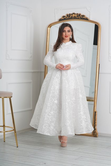 Sequined Lace Design Wide Skirt Hijab Evening Dress with Bodice