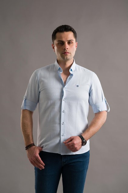 Slimfit Dobby Collar Buttoned Folded Long Sleeve Men's Shirt