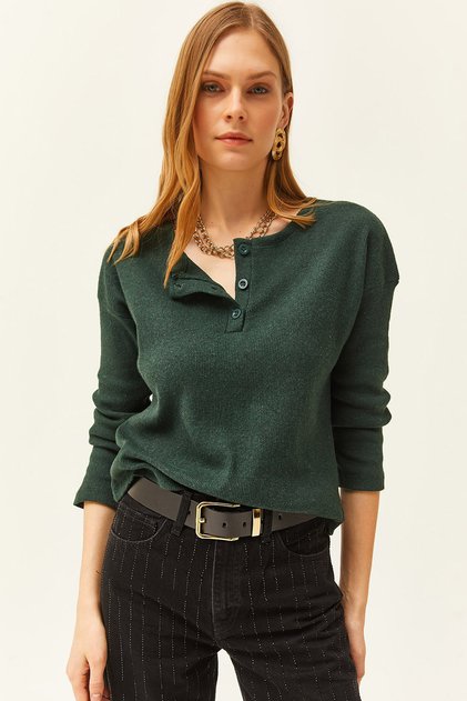 Women's Emerald Green Buttoned Raised Loose Pullover KZK-19000721