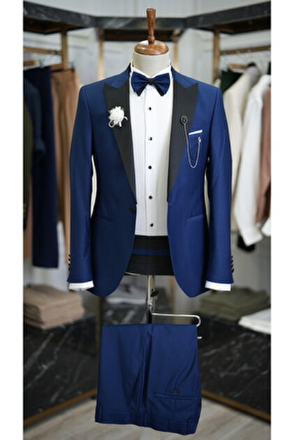 LONATOLİA Erkek Saks Mavisi Takım Elbise Slim Fit Italyan Stil