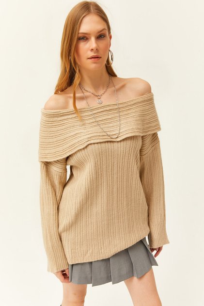 Women's Stone Madonna Collar Ribbed Loose Knit Sweater KZK-19000732