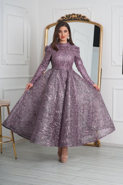 Sequined Lace Design Wide Skirt Hijab Evening Dress with Bodice