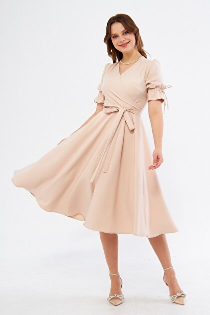 Bidoluelbise Cream Double Breasted Collar Gathered Short Sleeve Sleeves  Elastic Belted Midi Dress- Trendyol