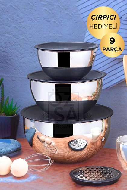 ÖzSa Home 9 Parça 16-20-24 Cm 18/10 Çelik 3 Boy Çift Rendeli