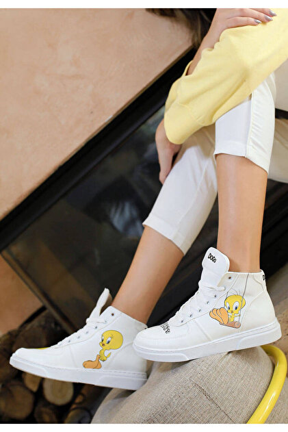 Dogo Kadın Vegan Deri Beyaz High Sneakers - Warner Bros Tweety