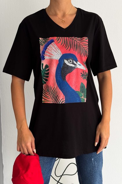 Women's Black V-Neck Large Size Peacock Sequin Embroidered 100% Cotton Large Size T-Shirt