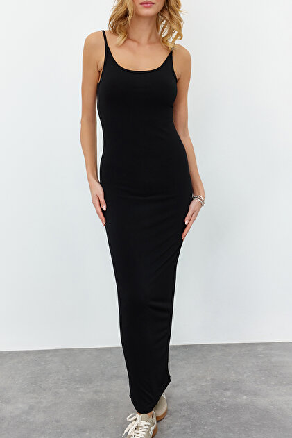 Edit by Trendyol Black Strappy Maxi Knitted Dress TEDAW24EL00001- Trendyol