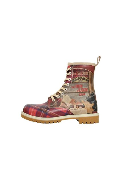 Women's Vegan Leather Red Long Boots - Scottish Dining Car Design