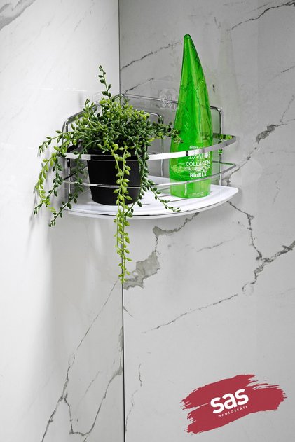 Tekli Yapışkanlı Banyo Duş Köşe Rafı – Ayarlanabilir Kristal Raf (Yapıştır/Vidala) Krom-Beyaz