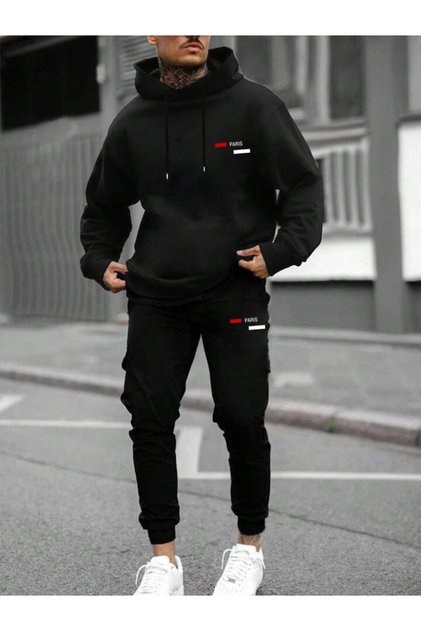 NICE Unisex PARIS Printed Hooded Top-Bottom Cotton Tracksuit Set