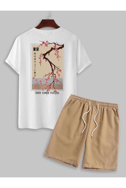 Tokyo Flower Festival Printed White-mink Unisex Shorts Set
