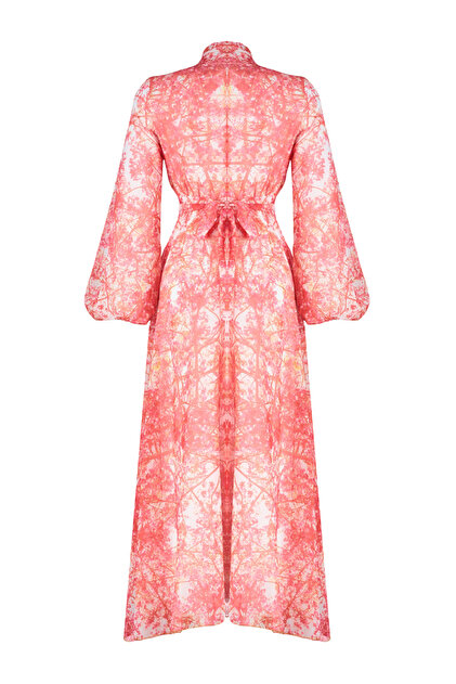 Trendyol Modest Red Floral Patterned Lined Long Chiffon Evening Dress  TCTSS24EB00040- Trendyol