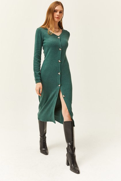 Rochie midi verde cu decolteu în V, cu nasturi, cu coaste groase, ELB-19002024
