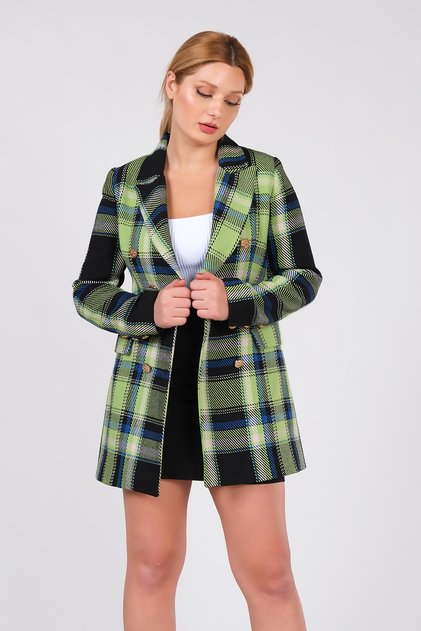 Green Plaid Patterned Women's Jacket - Metal Button Detail