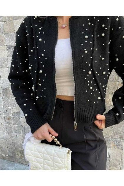 Black Pearl Detail Zippered Cardigan Women