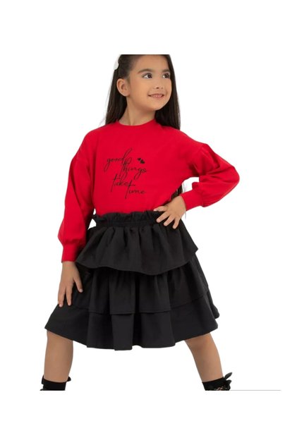 Girl's Written Raised Cotton Red Sweatshirt Elastic Waist Layer Ruffle Black Skirt Set