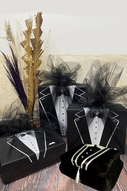 Damat Kutusu Smokin Model 3'lü Damat Bohçası (Siyah Süsleme Tülü Hediyeli), Traş Sandığı