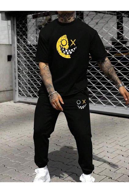 Unisex Smile Printed Crew Neck T-shirt and Jogger Sweatpants - Bottom Top Set