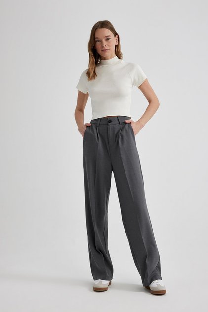 Pensli Classic Gray Trousers Wide Leg Wide Loose Leg Basic Plain Long Length High Waist with Pockets C2020Ax24Sp