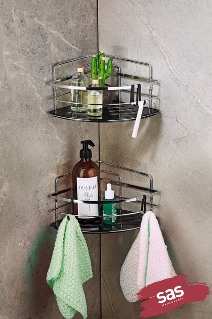 2-Piece Adhesive Bathroom Shower Corner Shelf with Hooks – Adjustable Crystal Shelf (Stick-On/Screw-On) Chrome-Black