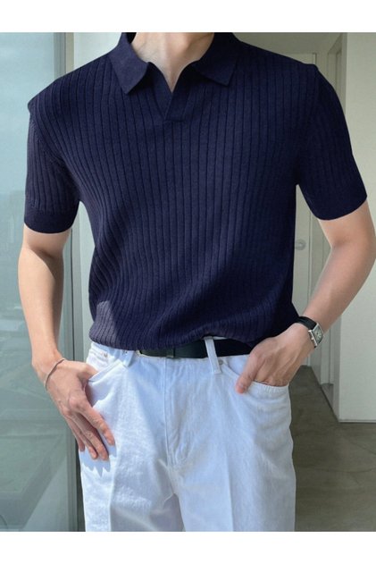 Navy Blue Men's Ribbed Polo Collar Knitwear T-Shirt