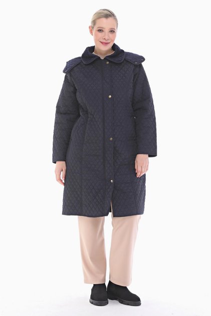 Women's Large Size Hooded 105 Cm Navy Blue Quilted Coat 1018
