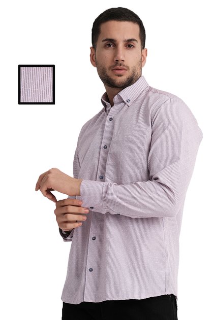 Men's Dried Rose Striped Long Sleeve Cotton Shirt with Classic Cut Pocket