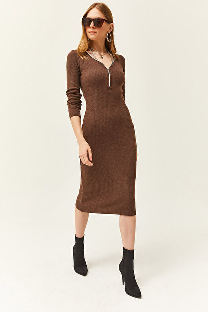 Olalook Women's Brown V-Neck Zippered Thick Ribbed Midi Dress ELB-19002026-  Trendyol