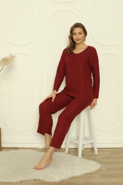 Düz Kadın Çizgili | Fitilli | Raporlu Pijama Takımı