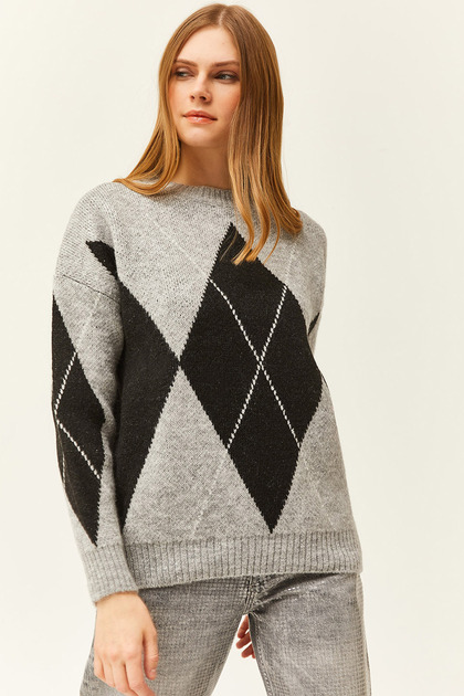 Women's Gray Diamond Pattern Thick Knitwear Sweater KZK-19000763