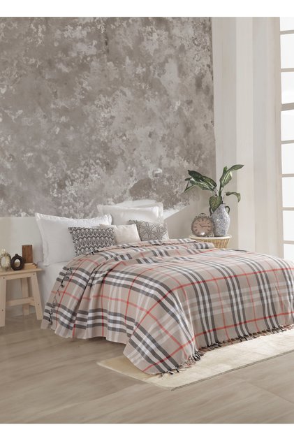 Scotch Bej-Siyah Çift Kişilik Pike 200 X 230 Cm Koltuk Yatak Kanepe Örtüsü Pamuklu