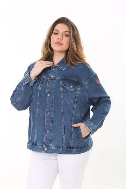 Women's Large Size Navy Blue Back Detailed Denim Coat 65N37470