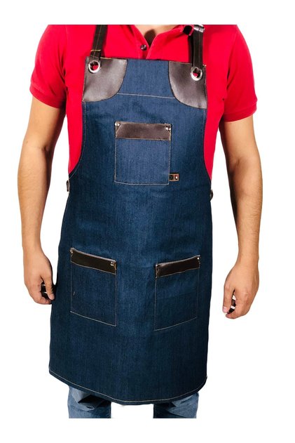 Leather Detailed Denim Butcher and Chef Apron New Season Neck Strap Apron with Pockets