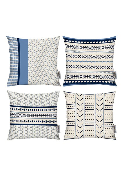 Iskandinav, Cozy, Modern, Marin Çift Tarafı Baskılı 4'lü 43x43 Kırlent Kılıfı Krem Lacivert, Mavi