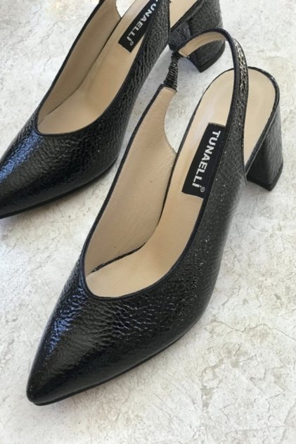 Women's Black Patent Leather Genuine Leather Heeled Shoes Size 35-41