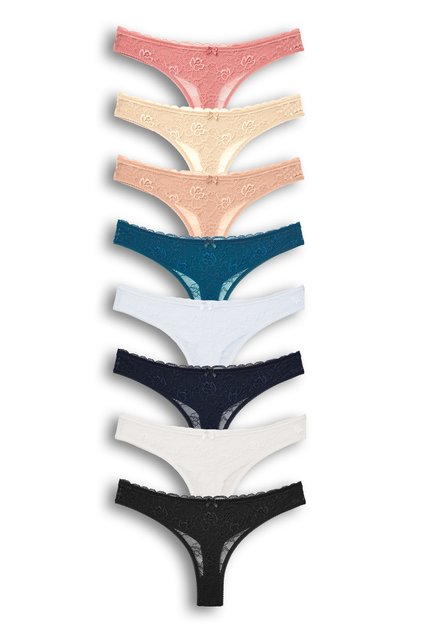 Set de 8 chiloți tanga de damă din bumbac, cu strat dublu, cu dantelă frontală și spate.