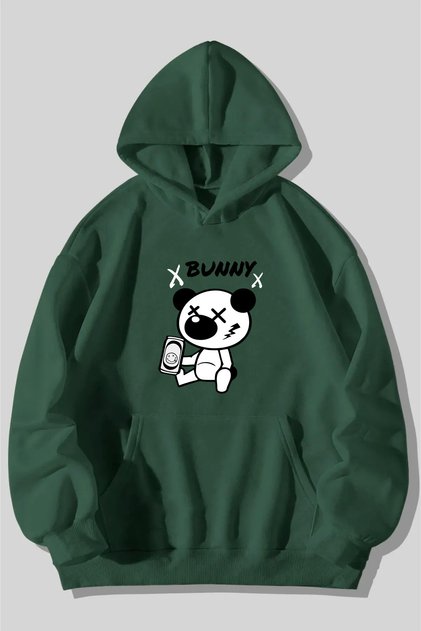 Hanorac oversize verde cu imprimeu Raised BUNNY unisex 2ip